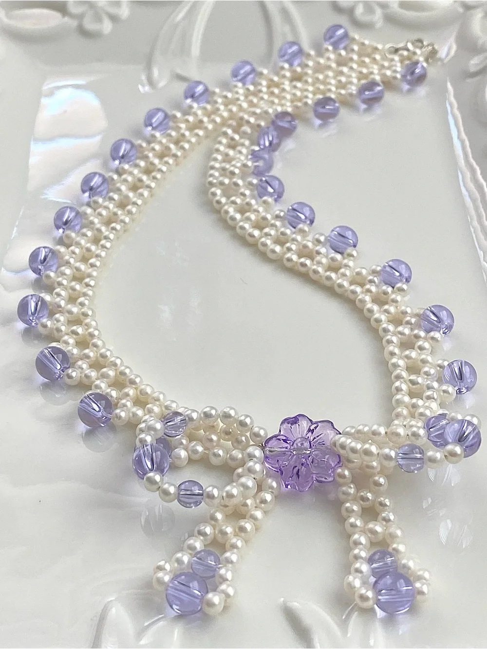 GP88-Handmade Braided High Quality Round Baby Pearl And Amethyst Bow Necklace